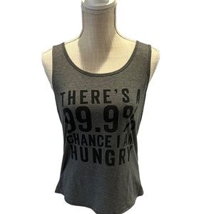 YI ZHAN “THERE’S A 99.9% CHANCE I AM HUNGRY” GREY WORKOUT TANK TOP. SZ: MEDIUM